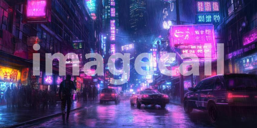 Cyberpunk City with Neon Signs - Futuristic Urban Glow and Digital Advertising Background Design