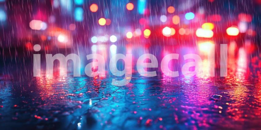Cyberpunk Cityscape with Glowing Neon Lights and Rain Reflections - Futuristic Urban Night Background Design