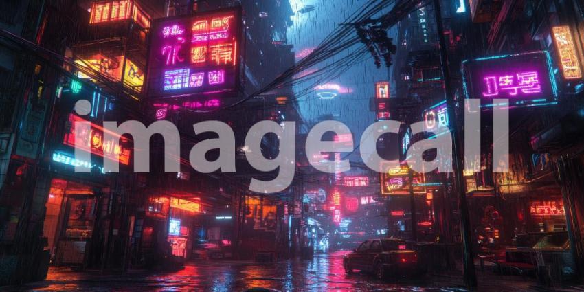 Cyberpunk City with Neon Signs - Futuristic Urban Glow and Digital Advertising Background Design