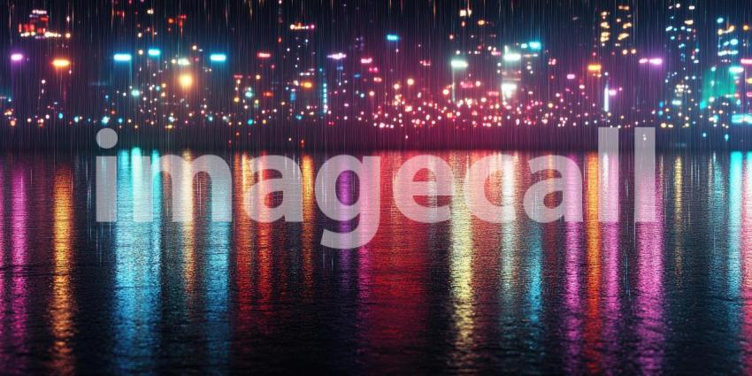 Cyberpunk Cityscape with Glowing Neon Lights and Rain Reflections - Futuristic Urban Night Background Design