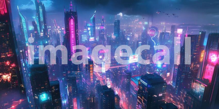 Cyberpunk Cityscape with Neon Lights and Futuristic Buildings - High-Tech Urban Night Background Design