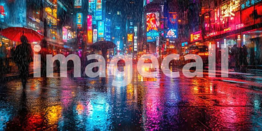 Cyberpunk Cityscape with Glowing Neon Lights and Rain Reflections - Futuristic Urban Night Background Design