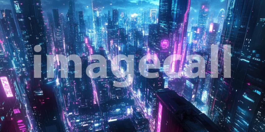 Cyberpunk Cityscape with Neon Lights and Futuristic Buildings - High-Tech Urban Night Background Design