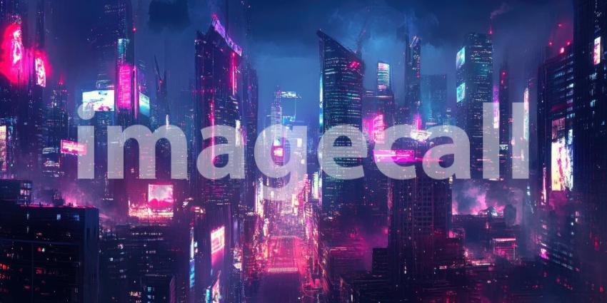 Cyberpunk Cityscape with Neon Lights and Futuristic Buildings - High-Tech Urban Nightscape Background Design