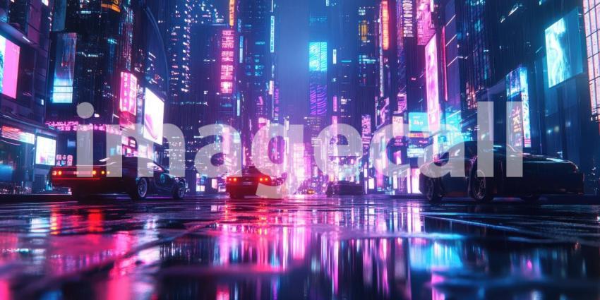 Cyberpunk Cityscape with Neon Reflections - Futuristic Urban Night Background Design