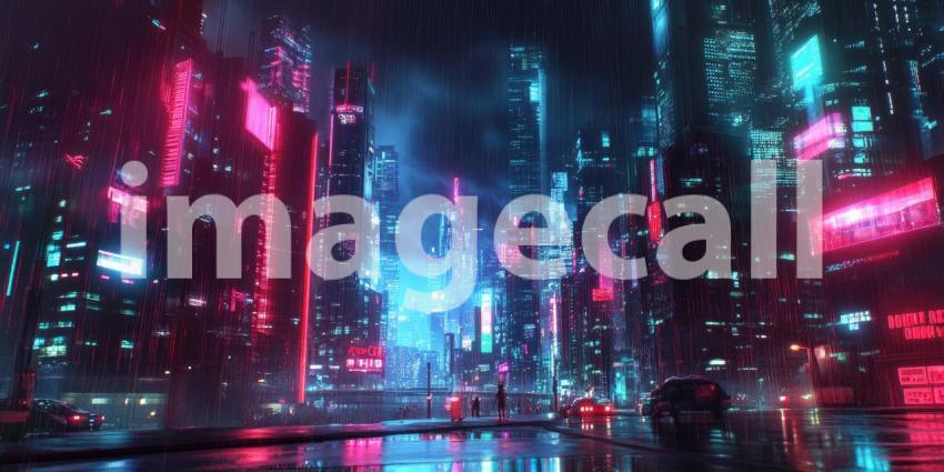 Cyberpunk Cityscape with Neon Reflections - Futuristic Urban Night Background Design