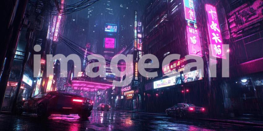 Cyberpunk Cityscape with Neon Reflections - Futuristic Urban Night Background Design