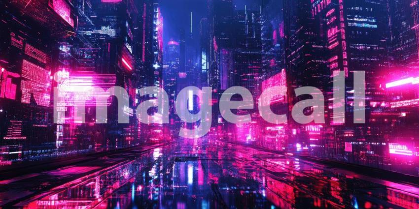 Cyberpunk Cityscape with Neon Reflections - Futuristic Urban Night Background Design