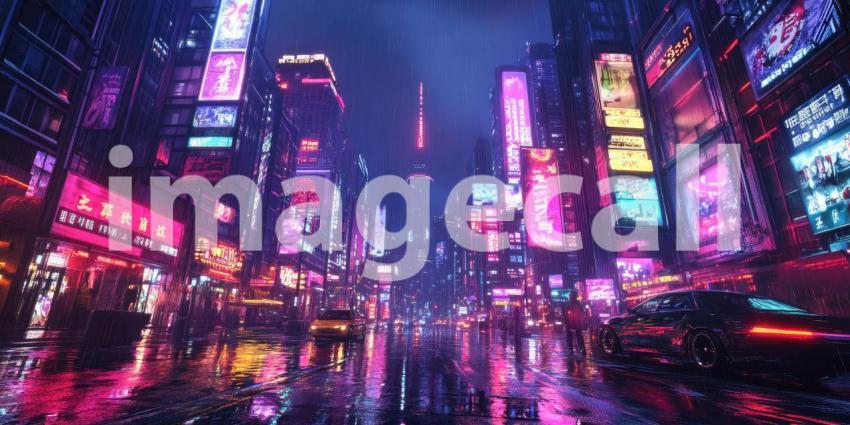 Cyberpunk Cityscape with Neon Reflections - Futuristic Urban Night Background Design