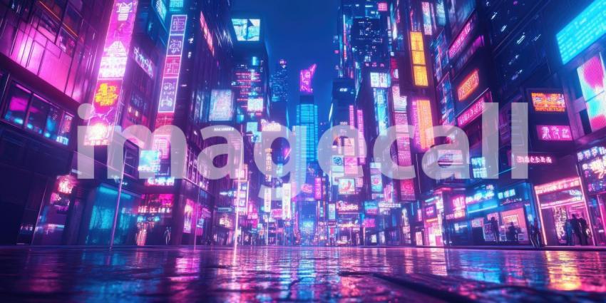 Cyberpunk Cityscape with Neon Reflections - Futuristic Urban Night Background Design