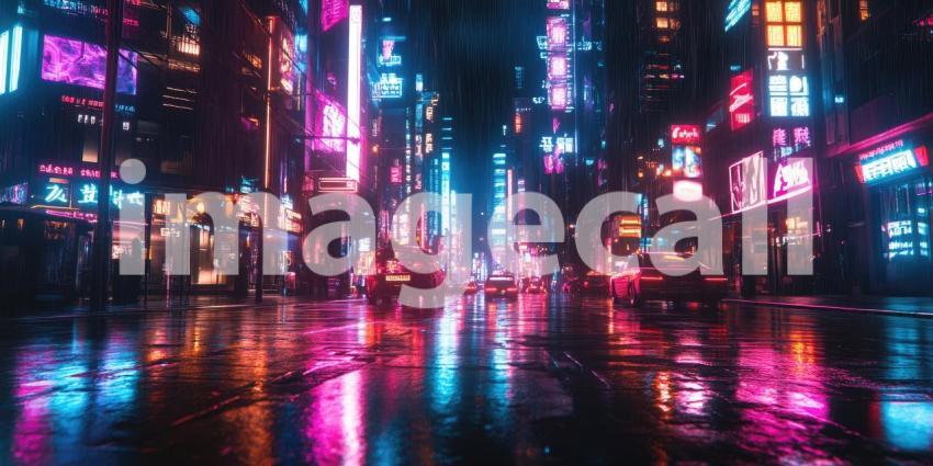 Cyberpunk Cityscape with Neon Reflections - Futuristic Urban Night Background Design