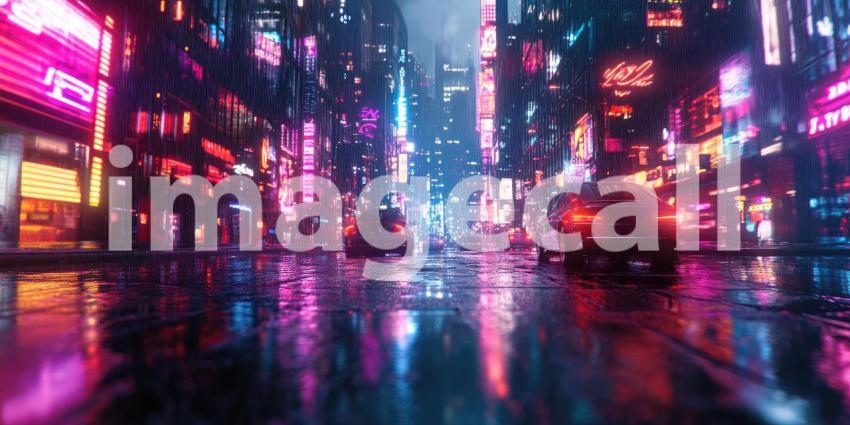 Cyberpunk Cityscape with Neon Reflections - Futuristic Urban Night Background Design