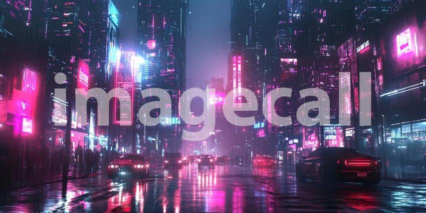 Cyberpunk Cityscape with Neon Reflections - Futuristic Urban Night Background Design