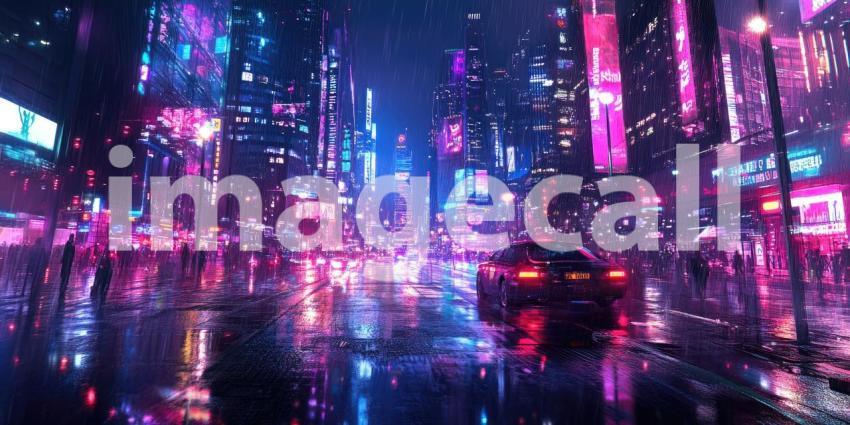 Cyberpunk Cityscape with Neon Reflections - Futuristic Urban Night Background Design
