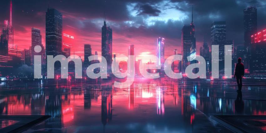 Cyberpunk Cityscape with Neon Reflections - Futuristic Urban Night Background Design