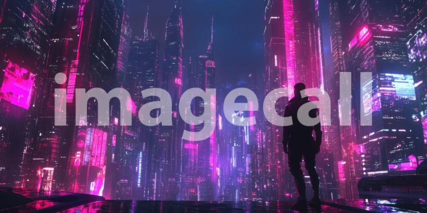 Cyberpunk Cityscape with Neon Reflections - Futuristic Urban Night Background Design