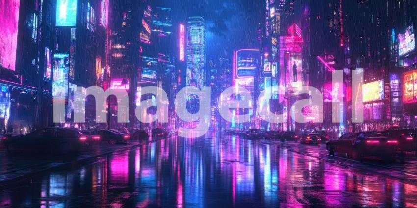 Cyberpunk Cityscape with Neon Reflections - Futuristic Urban Night Background Design