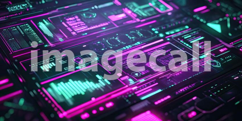 Cyberpunk Hacker Interface with Neon Purple and Green Details - Futuristic Digital Tech Background Design