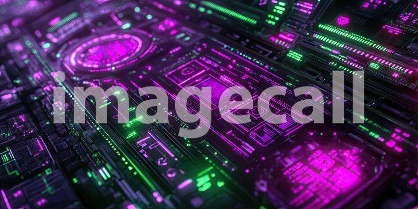 Cyberpunk Hacker Interface with Neon Purple and Green Details - Futuristic Digital Tech Background Design