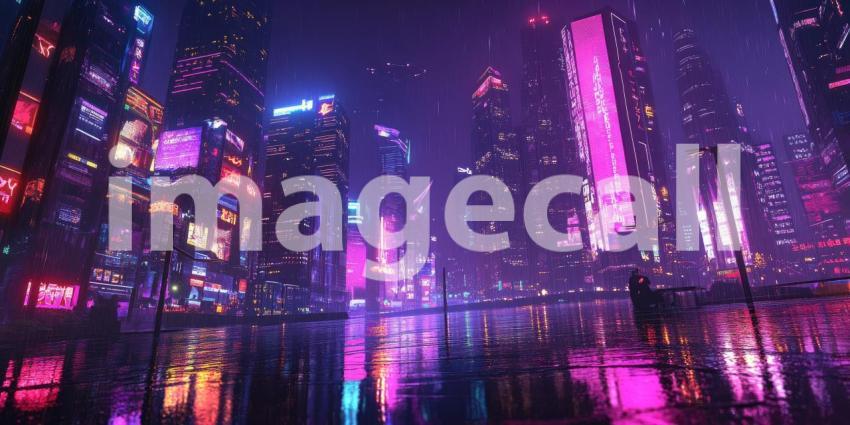 Cyberpunk Cityscape with Neon Reflections - Futuristic Urban Night Background Design