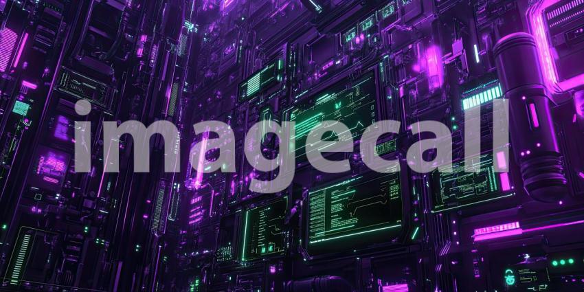 Cyberpunk Hacker Interface with Neon Purple and Green Details - Futuristic Digital Tech Background Design