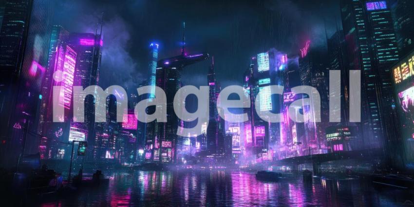 Cyberpunk Cityscape with Neon Reflections - Futuristic Urban Night Background Design