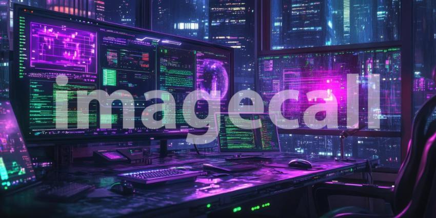 Cyberpunk Hacker Interface with Neon Purple and Green Details - Futuristic Digital Tech Background Design