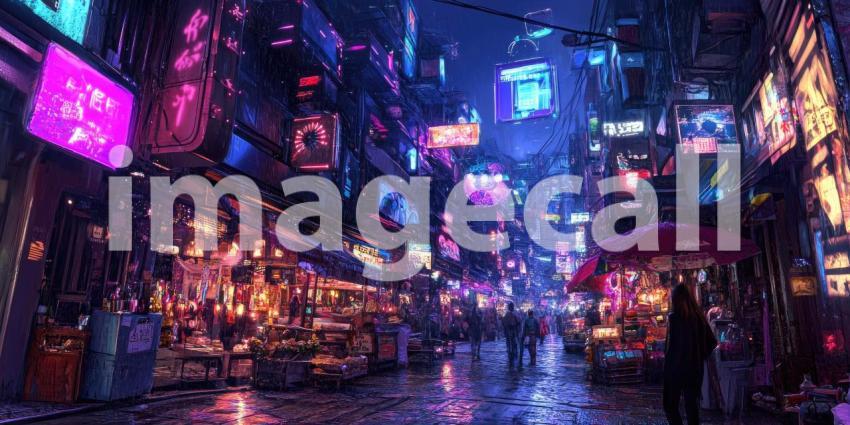 Cyberpunk Market Street with Glowing Holograms - Futuristic Urban Night Market Background Design