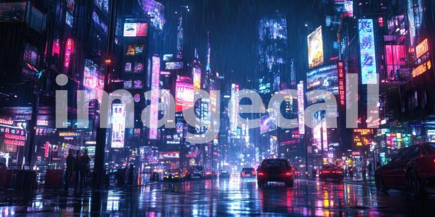 Cyberpunk Market Street with Glowing Holograms - Futuristic Urban Night Market Background Design