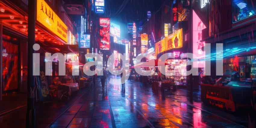 Cyberpunk Market Street with Glowing Holograms - Futuristic Urban Night Market Background Design
