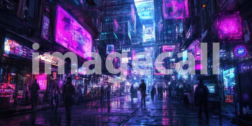 Cyberpunk Market Street with Glowing Holograms - Futuristic Urban Night Market Background Design