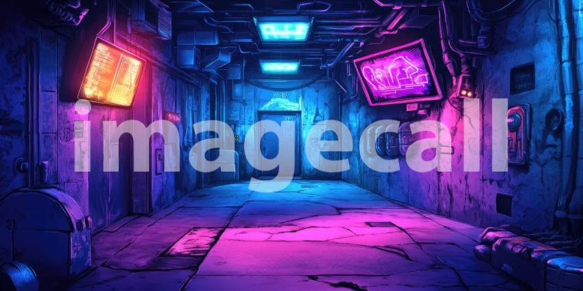 Cyberpunk Neon-Lit Alleyway with Glowing Billboards - Futuristic Urban Night Background Design