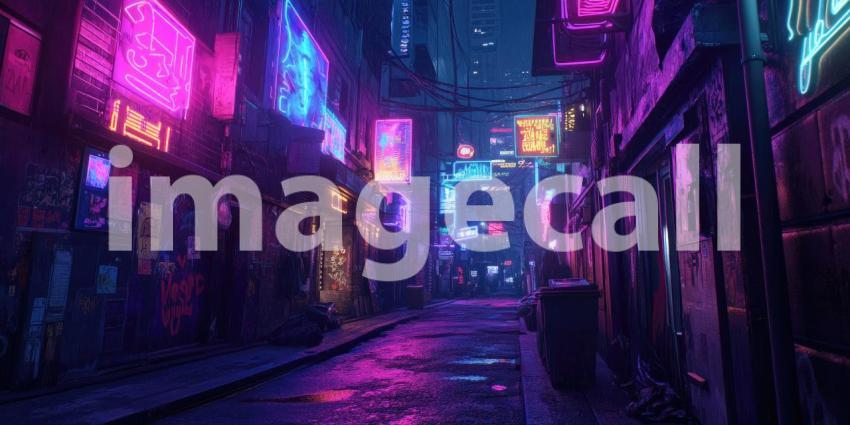 Cyberpunk Neon-Lit Alleyway with Glowing Billboards - Futuristic Urban Night Background Design