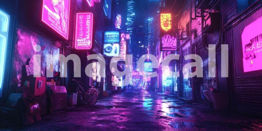 Cyberpunk Neon-Lit Alleyway with Glowing Billboards - Futuristic Urban Night Background Design