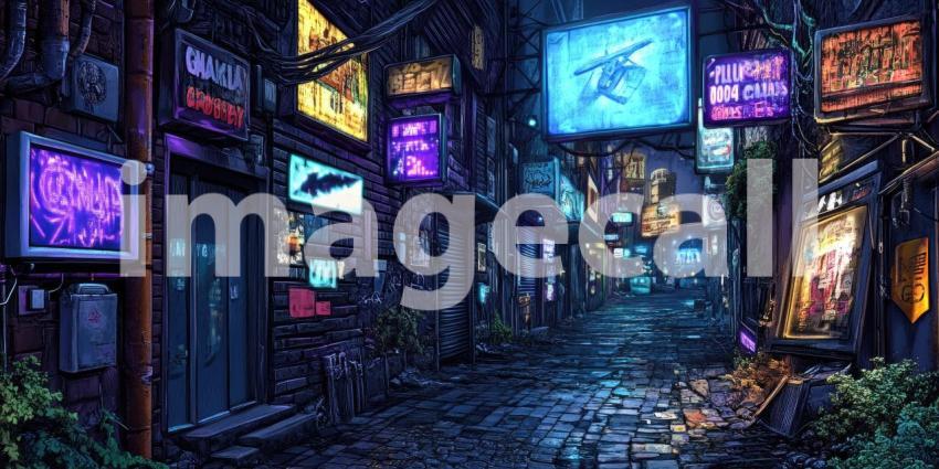 Cyberpunk Neon-Lit Alleyway with Glowing Billboards - Futuristic Urban Night Background Design