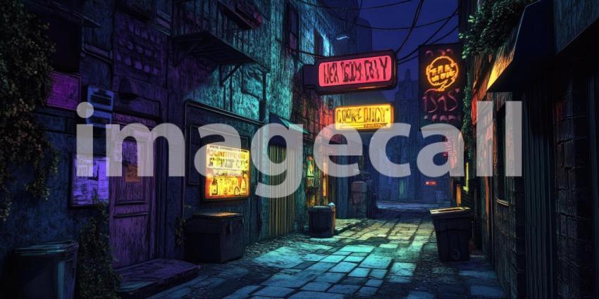 Cyberpunk Neon-Lit Alleyway with Glowing Billboards - Futuristic Urban Night Background Design