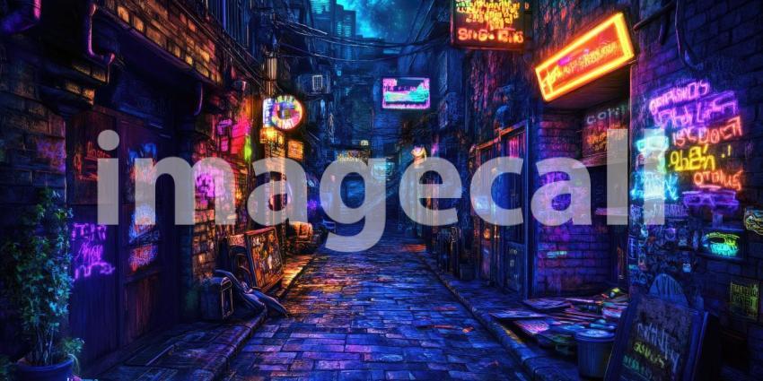 Cyberpunk Neon-Lit Alleyway with Glowing Billboards - Futuristic Urban Night Background Design