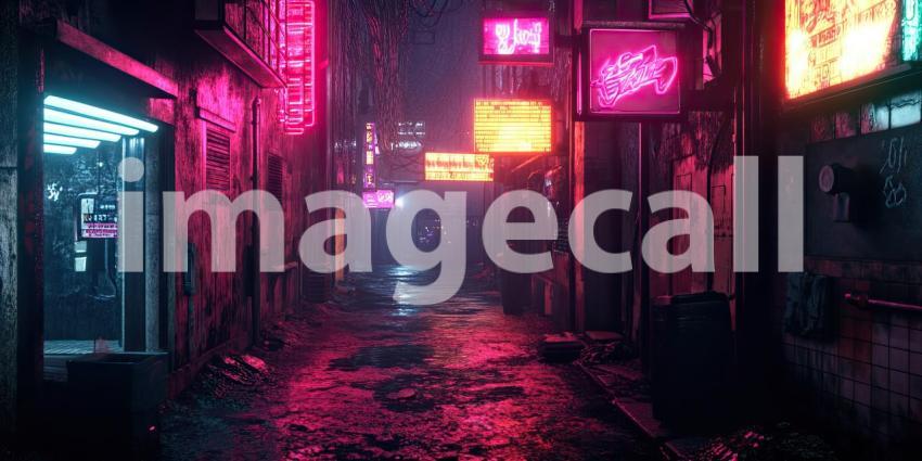Cyberpunk Neon-Lit Alleyway with Glowing Billboards - Futuristic Urban Night Background Design