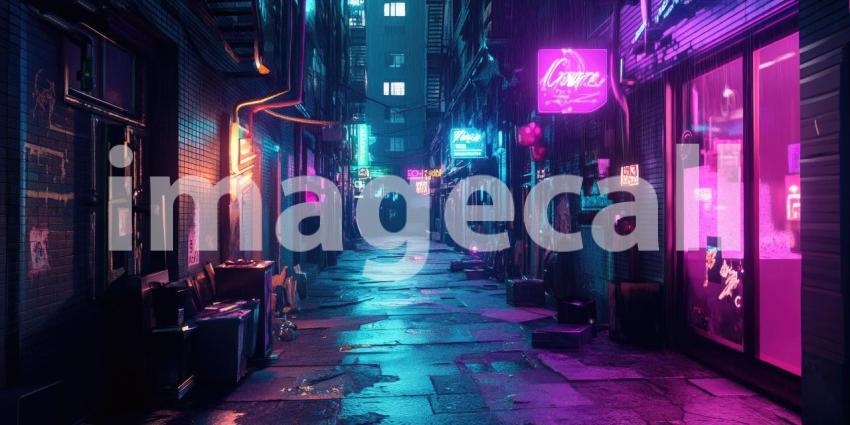 Cyberpunk Neon-Lit Alleyway with Glowing Details - Futuristic Urban Night Scene Background Design
