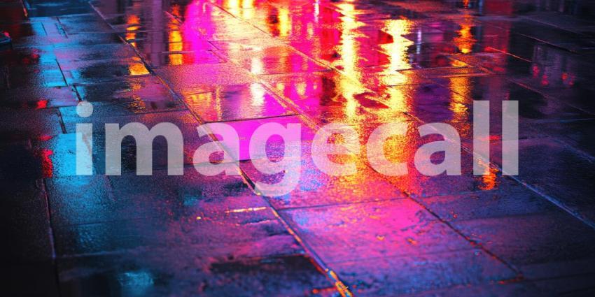 Cyberpunk Neon Reflections on Wet Pavement - Futuristic Urban Night Scene Background Design