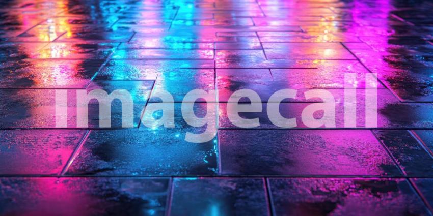 Cyberpunk Neon Reflections on Wet Pavement - Futuristic Urban Night Scene Background Design