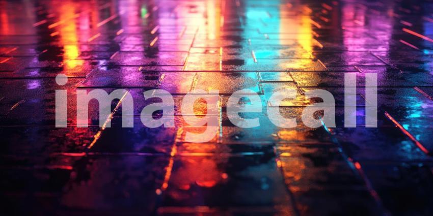 Cyberpunk Neon Reflections on Wet Pavement - Futuristic Urban Night Scene Background Design