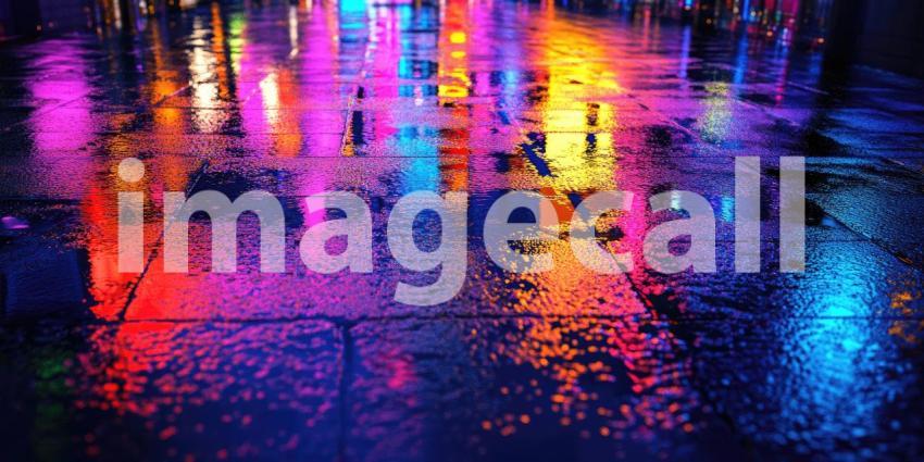 Cyberpunk Neon Reflections on Wet Pavement - Futuristic Urban Night Scene Background Design