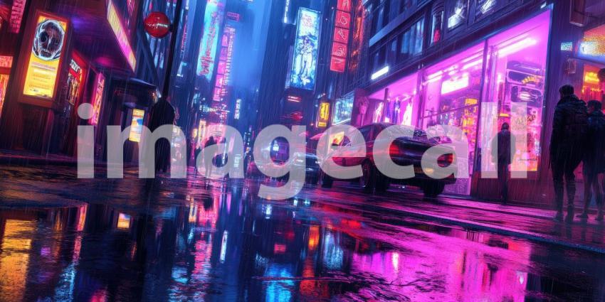 Cyberpunk Street with Neon Reflections - Futuristic Urban Night Glow Background Design