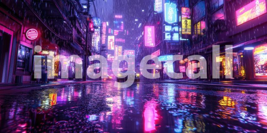 Cyberpunk Street with Neon Reflections - Futuristic Urban Night Glow Background Design