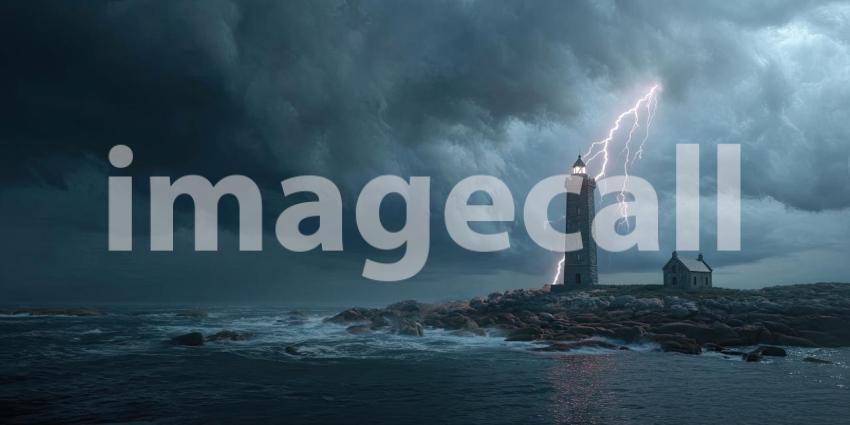 A fierce thunderstorm striking an old lighthouse on a rugged, rocky coastline under a turbulent night sky.