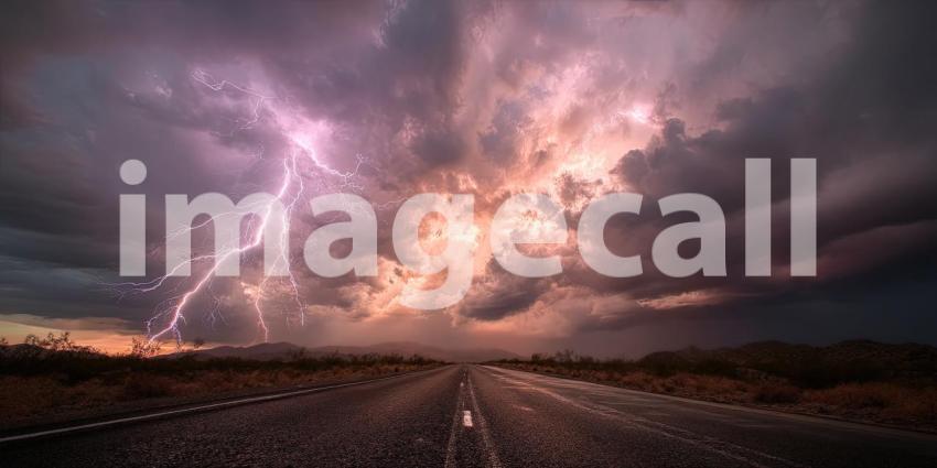 A dramatic thunderstorm unleashing lightning over a deserted highway stretching through the arid desert landscape.