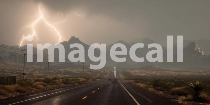 A dramatic thunderstorm unleashing lightning over a deserted highway stretching through the arid desert landscape.
