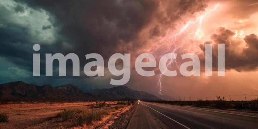 A dramatic thunderstorm unleashing lightning over a deserted highway stretching through the arid desert landscape.