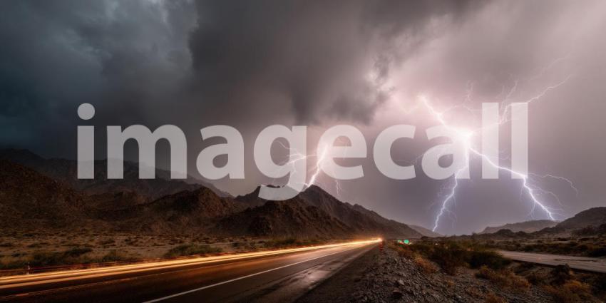A dramatic thunderstorm unleashing lightning over a deserted highway stretching through the arid desert landscape.